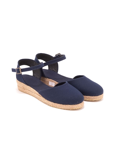 Star Tombis Gerçek Elişi Topuğu Açık Bilekten Bantlı 3cm Dolgu Topuk Keten Hasır Espadril Handmade Lacivert