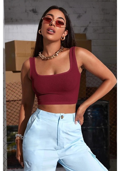 Kapsulavm Kadın Bordo Kalın Askılı Crop Top Büstiyer