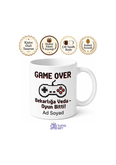 Bekarlığa Veda Gecesi Game Over Oyun Bitti Esprili Kupa Bardak Hediye Beyaz / Çok Renkli