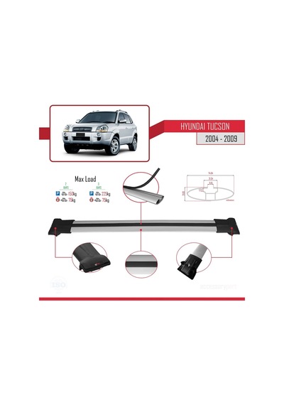 Hyundai Tucson Jm 2004-2009 Arası İle Uyumlu Fly Model Ara Atkı Tavan Barı Gri