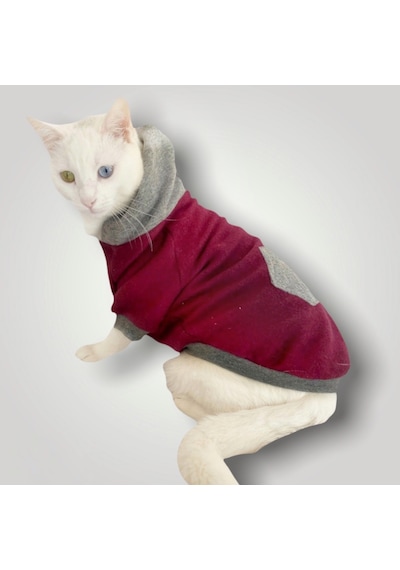 Kemique Burgundy Gray Kapşonlu Sweatshirt Kedi Kıyafeti