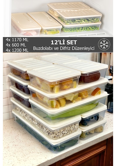 12 Adet Fitbox Saklama Kabı Buzdolabı Ve Buzluk Düzenleyici Hava Geçirmez Set Krem Kapak