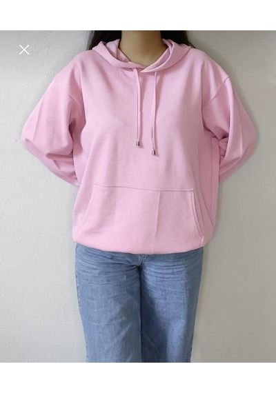 Fitilli Oversize Kapüşonlu Sweatshirt-pembe Renk-385 Pembe
