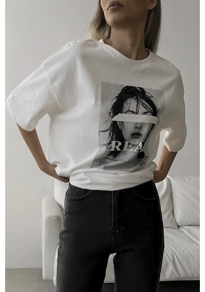 Madmext Ekru Oversize Baskılı Kadın Tişört Mg1764-ekru Ekru