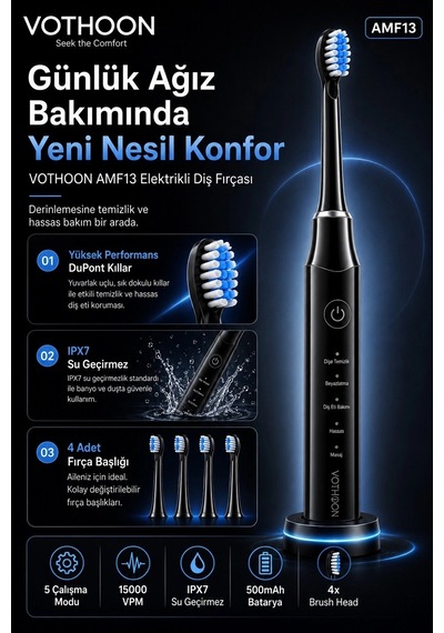 Şarjlı Diş Fırçası 15000 Vpm Titreşim Gücü, 500mah Batarya, 5 Temizlik Modu Siyah Diğer