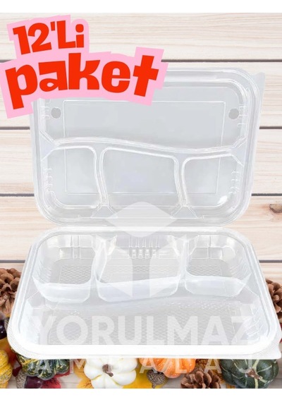 4 Bölmeli Pp Kapaklı Kebap Kabı 12 Li Şeffaf Bölmeli Yemek Ve Paket Servis Kabı