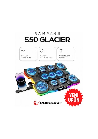 Rampage S50 Glacier Rgb Işıklı 11 Fanlı Lcd Göstergeli 1 Type C 1 Usb Girişli Yükselebilen Notebook Soğutucu