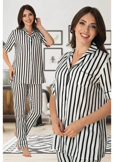 Effortt Lohusa Çizgili Pijama Takımı Siyah - 8065 Siyah