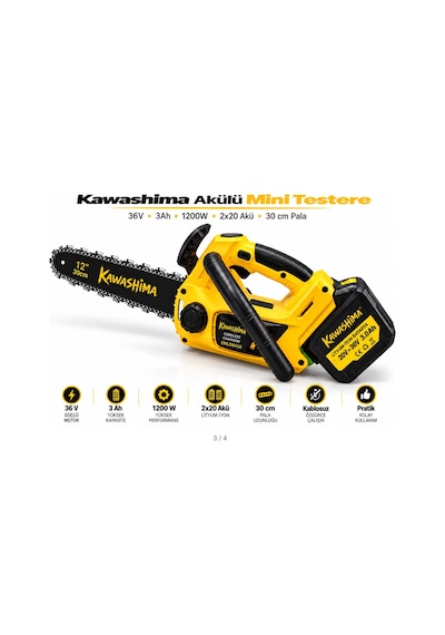 Algaride Kawashima Akülü Mini Testere 36v 3ah 1200w 30 Cm Kılavuz Çift Akülü Pratik Budama Ve Kesim Motoru