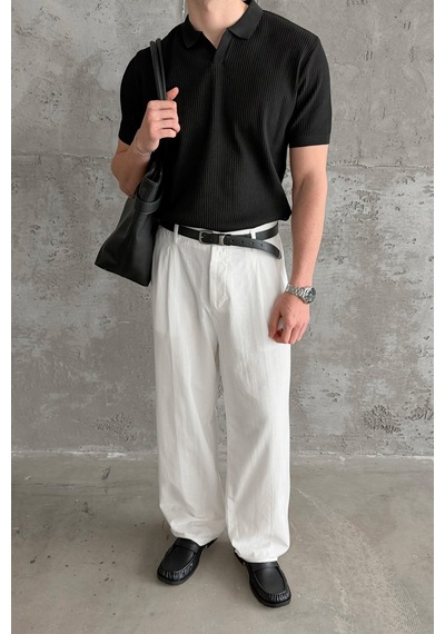 Erkek Petek Desen Polo Yaka Triko T-shirt Siyah