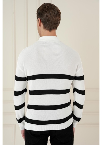 Efor Slim Fit Çizgili Fermuarlı Polo Yaka Ekru Triko Kazak Tr 877 Ekru