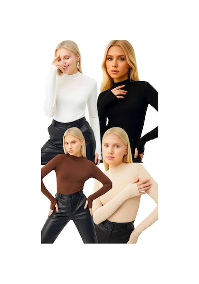 Hashtag Kadın Balıkçı Yaka Parmak Detaylı Body 4'lü Set Viskon Kumaş Bej