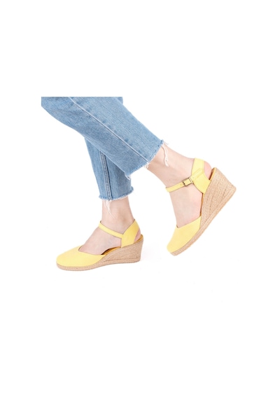 Star Tombis Gerçek Elişi Topuğu Açık Bilekten Bantlı Dolgu Topuk Keten Hasır Kadın Espadril Handmade Açık Sarı
