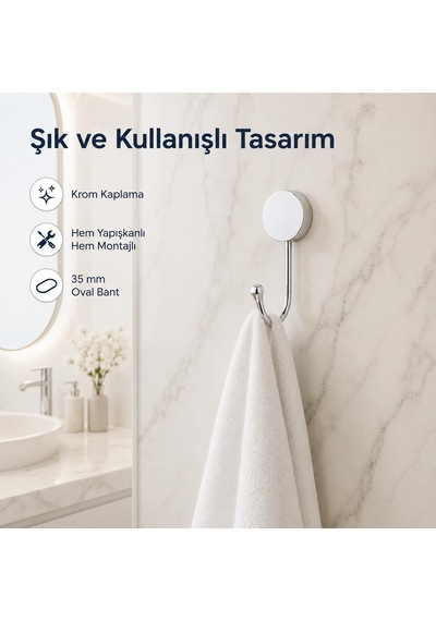 İris Krom Kaplama Tekli Askılık, Yapışkanlı Ve Vidalı Montajlı Duvar Askısı, 35 Mm Oval Bantlı Banyo Mutfak Antre Askısı Gri