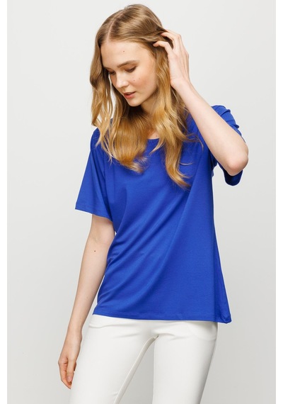 Kadın Sıfır Yaka Basic Penye T-shirt Saks Saks