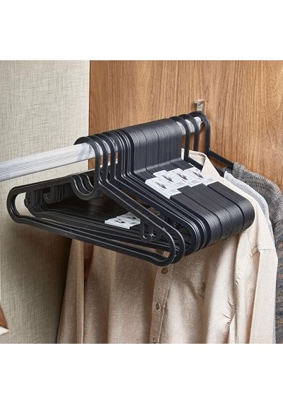Deconox Slim Askı 10'lu Set - Siyah İnce Profil Elbise Askısı - 39x17 Cm Dolap İçi Yer Kazandıran Sağlam Kıyafet Askısı 50cm