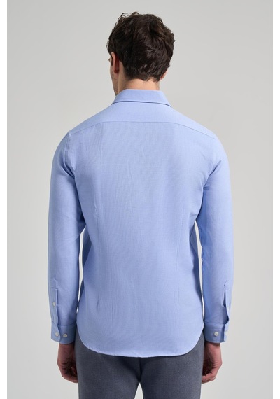 İmza Uzun Kol Desenli Armürlü Düğmeli Yaka Cepsiz Pamuklu Casual Slim Fit Gömlek 1004250206 Mavi