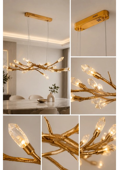 Modern Premium Led Ahşap Detaylı Salon Yemek Odası Sarkıt Avize Aydınlatma 40w 4000k Beyaz
