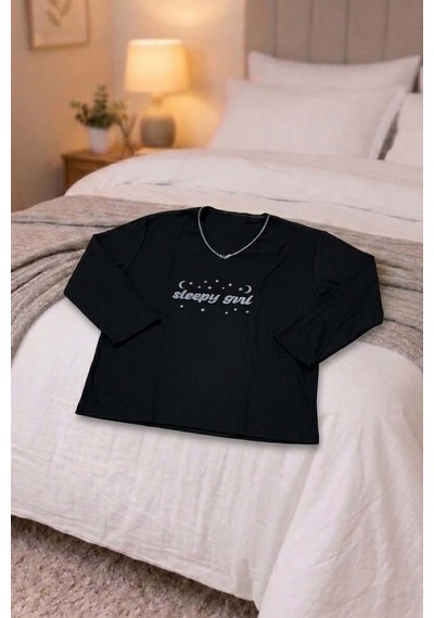 Büyük Beden Kadın Baskılı Kaşkorse Pijama Takımı Siyah