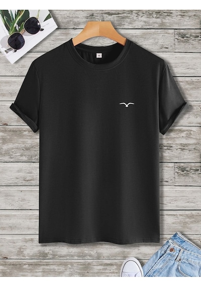 Kuş Logo Minimal T-shirt - Siyah Oversize Baskılı Bisiklet Yaka Siyah