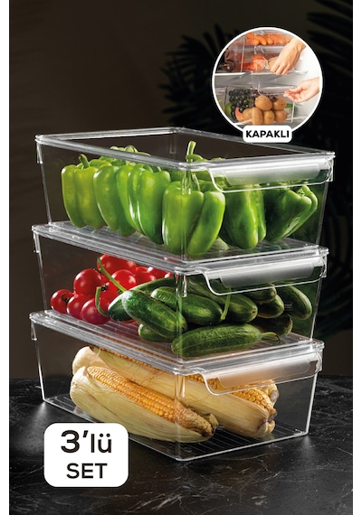 3'lü Kapaklı Buzdolabı Düzenleyici Buzdolabı Içi Düzenleyici Organizer 10 X 32,5 X 20 Cm Şeffaf