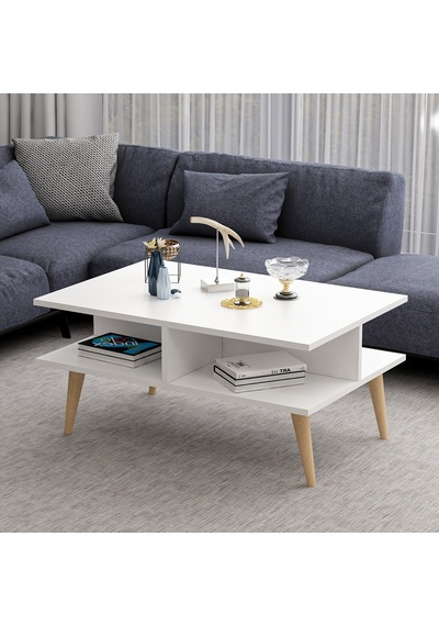 Dekorosso Poloo Ahşap Ayaklı Modern Dekoratif Orta Sehpa Beyaz