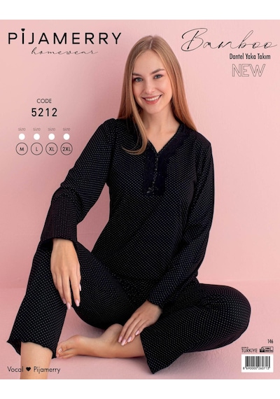 Pijamerry Kadın Bambu Baharlık Dantel Yaka Uzun Kol İnce Pijama Takımı 5212s - 1 Adet Siyah Pijamerry Kadın Bambu Baharlık Dantel Yaka Uzun Kol İnce Pijama Takımı 5212s - 1 Adet Siyah