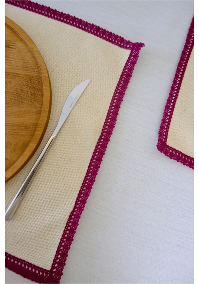 Yakacihome 4'lü Terra Duck Keten Fisto Dantel Biyeli Otantik Supla Amerikan Servis 35x50 Cm Bordo - Krem