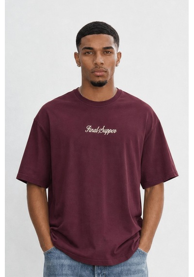 Respire Erkek Final Supper Nakışlı Oversize T-shirt Bordo