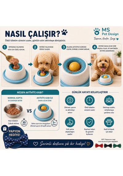 Kedi Köpek Yalama Ve Aktivite Kabı Yaş Mama Ve Sıvı Ödül İçin Yavaş Tüketim Mama Kabı / Papyon Hediyeli