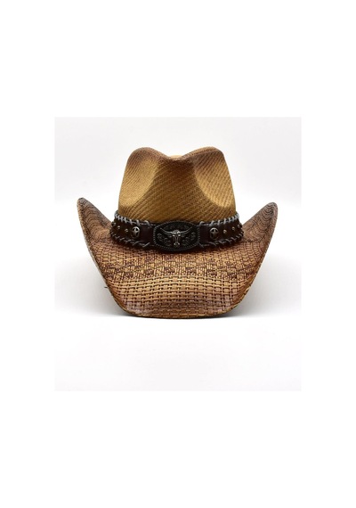 Deri Şeritli Boğa Figürlü Hasır Şapka Premium Classic Western Festival Beach Rave Hat - Standart Koyu Kahverengi
