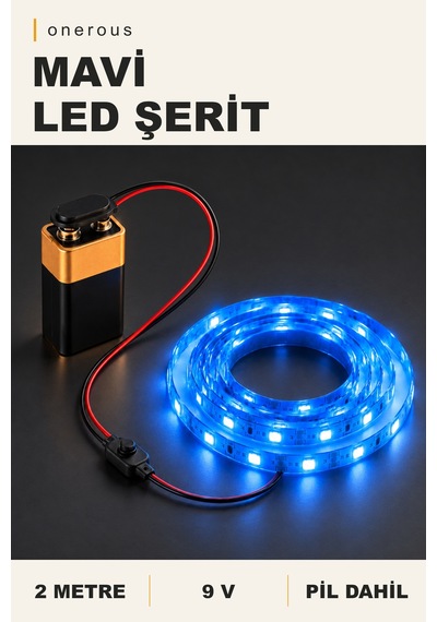 Onerous 2 M 9v Mavi Led Şerit, Pilli, Pil Dahil, Anahtarlı
