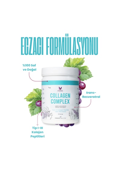 Vitisfera Collagen Complex- %100 Saf, Doğal Tip I-ııı Çift Hidrolize Kolajen Peptitleri + Trans Resveratrol İçeren Gıda Takviyesi Nötr Tat, Şekersiz