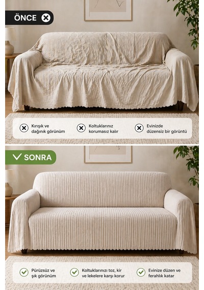 Premium Çizgili Kırık Beyaz Koltuk Örtüsü Kaymaz, Şık Ve Modern Tasarım