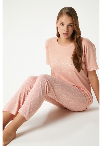 Ritnice Kadın Magic Viskon Bisiklet Yaka Kısa Kol Somon Alt Üst Pijama Takımı Somon