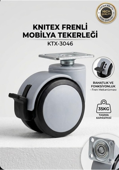 4 Adet Gri Büro Tipi Tablalı Dönerli Frenli Mobilya Tekerleği Gri-siyah