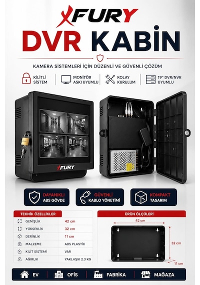 Fury Dvr Nvr Kamera Kayıt Cihazı Abs Kabini 42x32x11 Cm Metal Duvar Tipi Güvenlik Kabini
