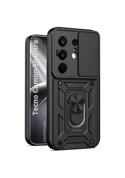 Tecno Camon 50 Ultra Uyumlu Tank Kılıf Yüzüklü Extra Darbe Koruma Zırhlı Outdoor Kapak Siyah