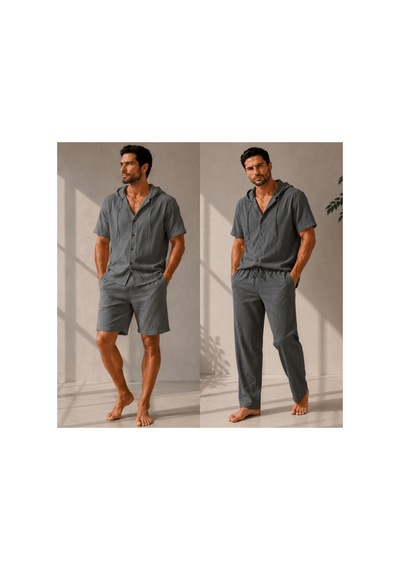 Erkek Müslin Kapşonlu 3'set Gömlek-şort-pantalon Gri