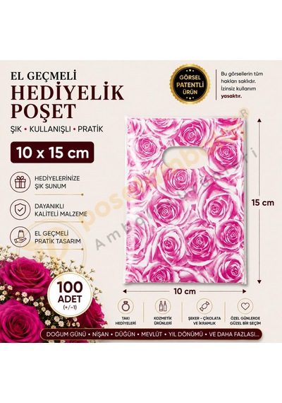 Pembe Gül Desenli Hediyelik Poşet 10x15 Cm