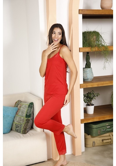 Myben Kadın Kırmızı Ip Askılı Dantelli Pijama Takımı Kırmızı