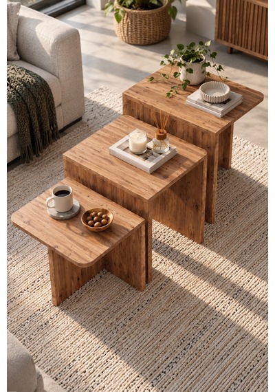 Sulorahome 3'lü Atlantik Çam Desenli Modern Orta Sehpa Seti