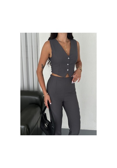 Wellway Dabıl Kumaş Düğme Detaylı Yelek & Pantolon İkili Takım-gri-1059 Gri