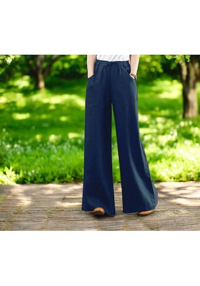 Günlük Beli Bağcıklı Şık Keten Pantolon Lacivert