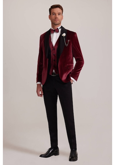 Ysf Erkek Bordo Şal Yaka Yelekli Slim Fit Damatlık