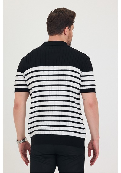 Cool Tarz Erkek Polo Yaka Beyaz Çizgi Detaylı Siyah Triko T-shirt Siyah Siyah