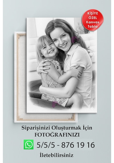 Kişiye Özel Karakalem Efektli Fotoğraf Dijital Baskı Dekoratif Kanvas Tablo 8 Farklı Ölçü