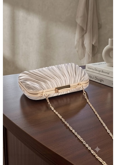 Zeyymoda Bej Pilse Desenli Abiye Çanta Pile Desen Abiye Çanta Ve Clutch Portföy El Gece Düğün Nişan Abiye Çantası