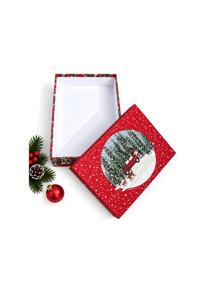 Tr Yılbaşı Hediye Kutusu 36x26x11 Cm Noel Temalı Kapaklı Hediye Kutusu Dayanıklı Karton, Varak Detaylı Yen