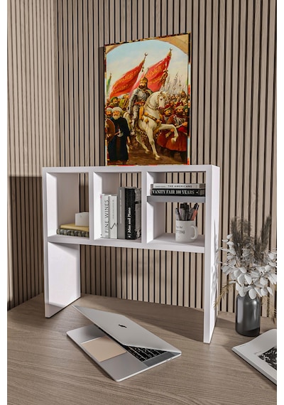 Masaüstü Kitaplık,monitör Standı Raflı,80cm,portatif Minifix Kurulum Beyaz